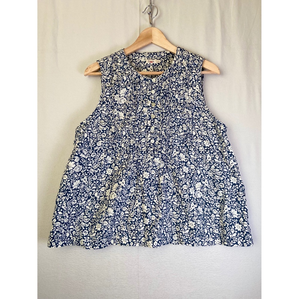 Faherty Womens XL Navy White Floral 100% Linen Sleeveless Pintuck Button Top